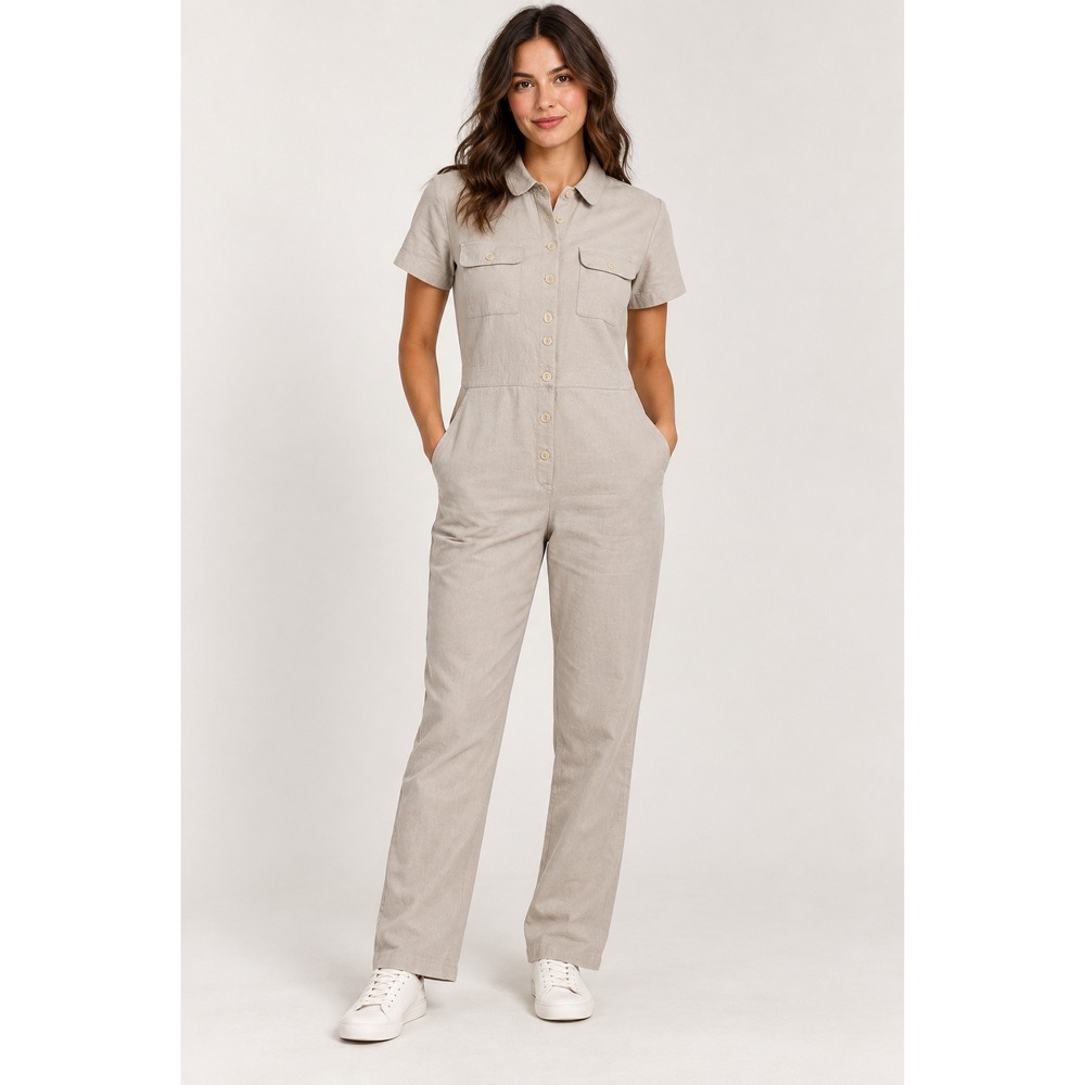 Outerknown SEA Suit Organic Cotton Linen Jumpsuit Beige Short Sleeve Small